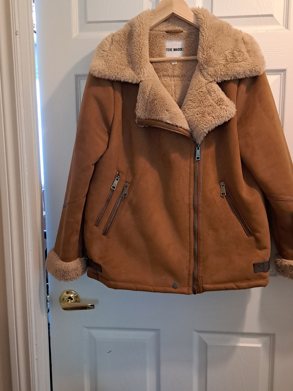 Steve Madden Women's Tan Faux-Suede Winter Jacket with Faux-Shearling Trim - Med